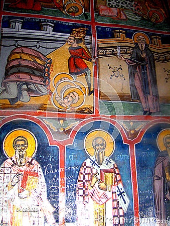 Painted walss in Moldovita Monastery, Moldavia, Romania Editorial Stock Photo